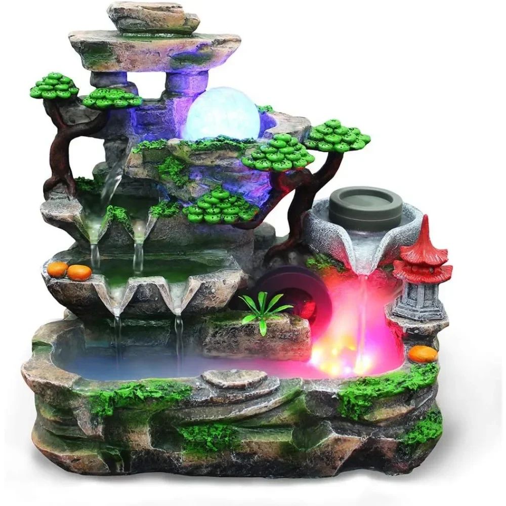 

Desktop Fountain Waterfall with Rockery Indoor Simulation Relaxation Tabletop Resin Ornament with Light & Humidifier