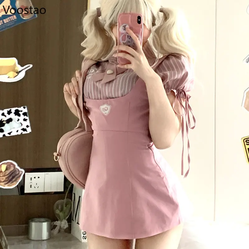 Japanese Kawaii Skirt Set Women Korean Sweet Party Mini Dress Suit Puff Sleeve Striped Blouse + Suspenders Dress Two Piece Sets