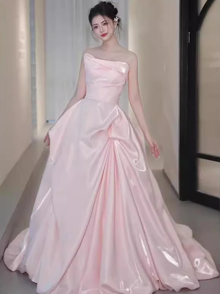 Deslumbrante Vestido de Noite Rosa de Cetim para Madrinhas 2025 Novo Estilo Vestido de Casamento Longo Sem Mangas Formal para...