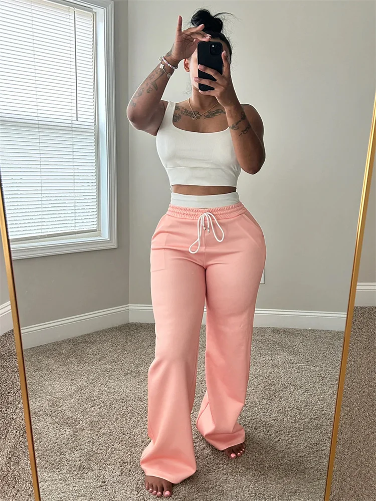 

Повседневный спортивный костюм, комплект из 2 предметов, женские простые однотонные топы на бретелях + лоскутные прямые брюки на шнурке, модные спортивные комплекты