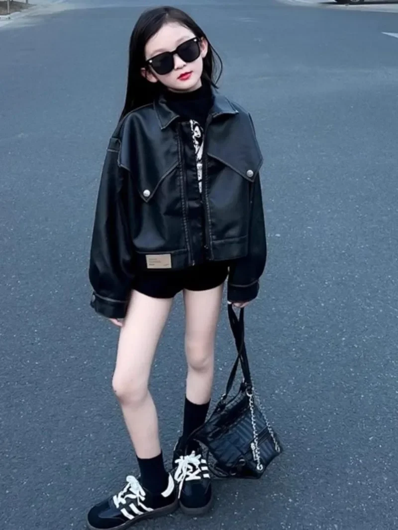 5-15Y Girl's Korean Casual Leather Jacket Spring Autumn New Children's Fashion Coat 120-170cm
