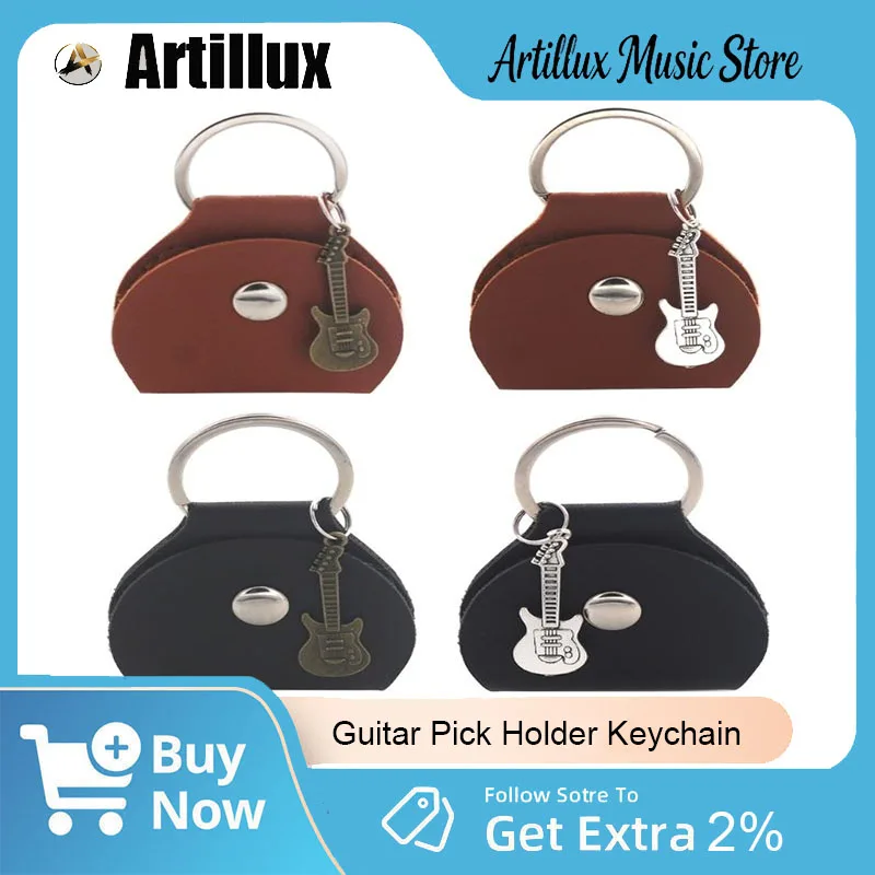 

Artillux Guitar Pick Holder Keychain Portable PU Leather Guitar Pick Case with Keyring & Small Pendant for Guitar Accessories