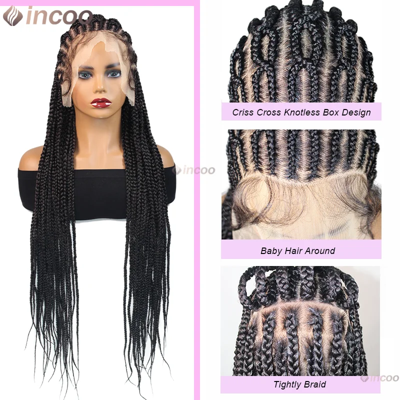 

36" Cornrow Lace Front Braided Wigs For Black Women Knotless Box Black Wig African Braided Wig Synthetic Wigs With Baby Hair