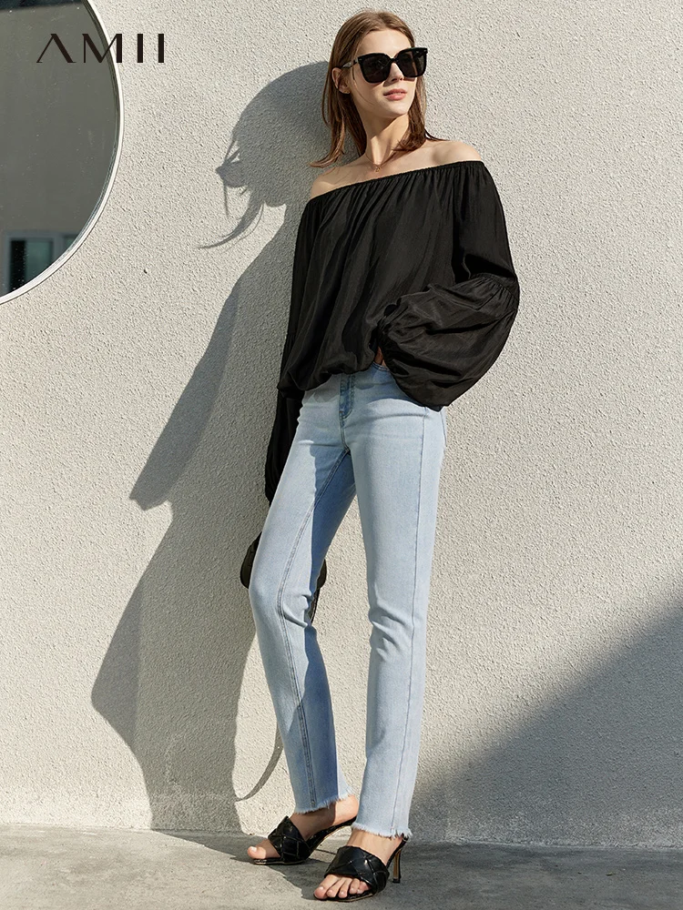 Amii Minimalism Women Spring Summer New One-word Neck Off-shoulder Lantern Sleeve Blouse Causal Tops Offical Lady Tops 12230093