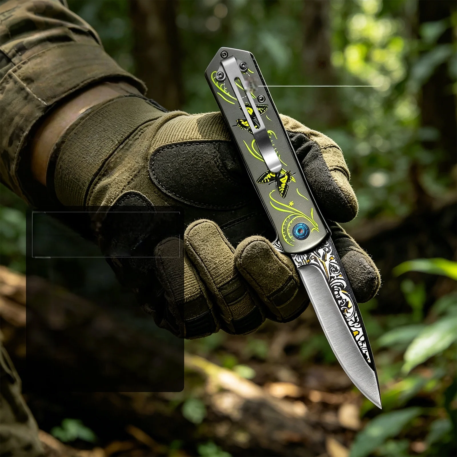 Butterfly Pattern Foldable Pocket Cutting Tool Damascus Etched Blade Portable EDC Daily Cutter Outdoor Camping Travel Multifunctional Foldable Utility Collectible Gadget Gift for Men