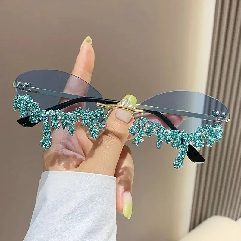 Diamant Randlose Sonnenbrille Damen Luxusmarke Strass Sonnenbrillen Sexy Tränenform Punk Party Eyewear Gafas De Sol – Detail 3