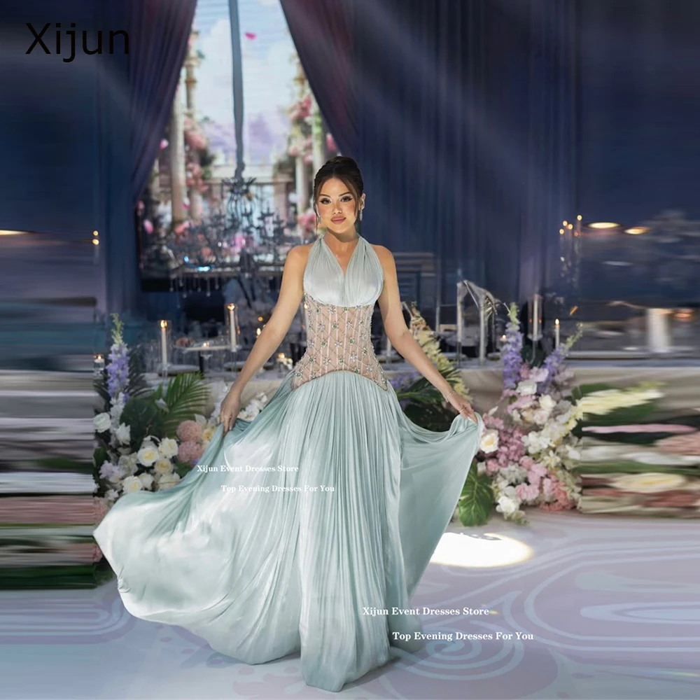 Xijun Preciosos vestidos de noche de color verde menta, vestidos de fiesta sin mangas con cuentas halter, vestidos de fiesta plisados de lujo de Dubai personalizados