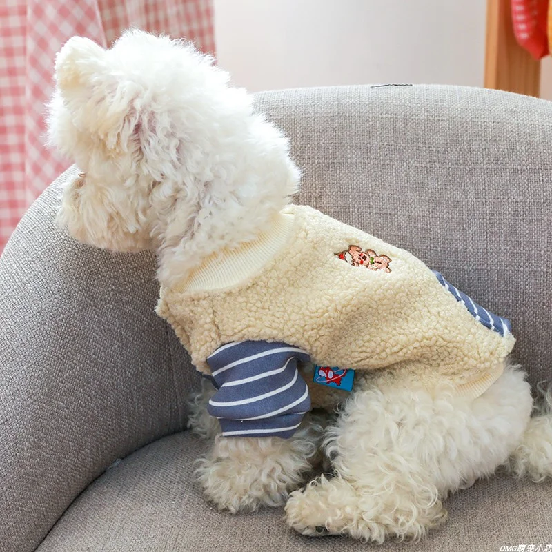 1PC pet clothing autumn and winter velvet blue striped gingerbread dog jacket suitable for small and medium-sized dogs