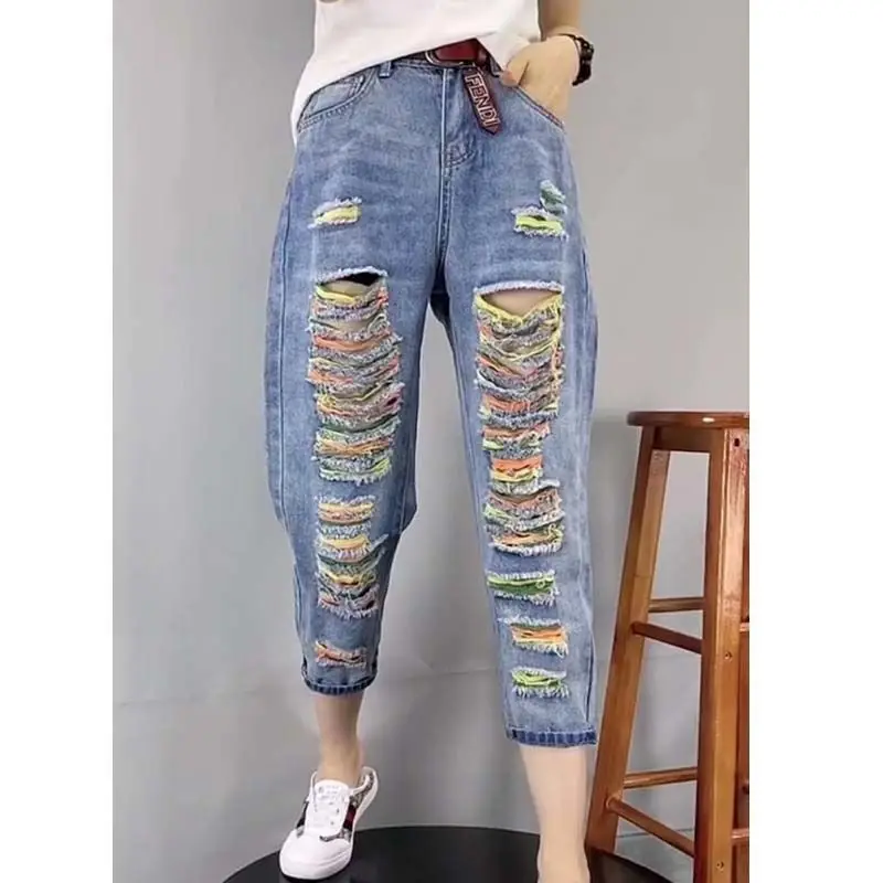 Summer Nine Cent Pants Trendy New Style Haren Pants Piercing Jeans Women's Straight Tube Versatile Show Thin Casual Pants M235