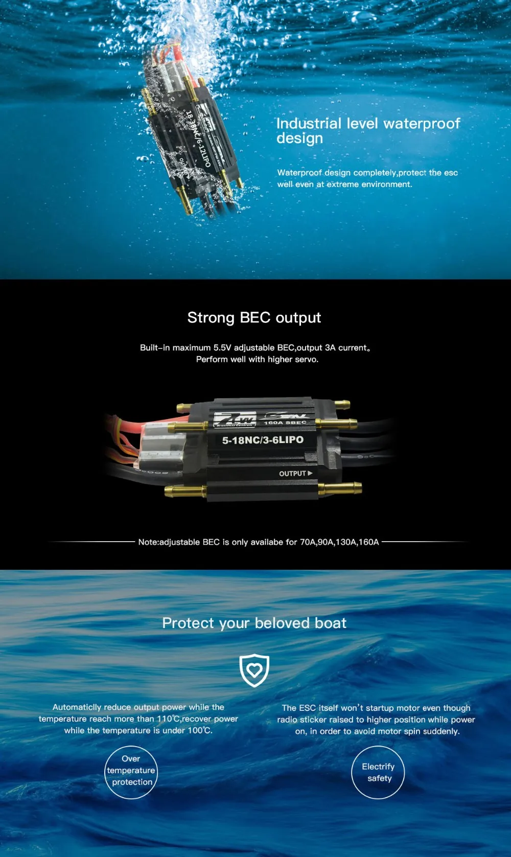 Ztw-seal controlador de velocidad sin escobillas refrigerado por agua, 200A, SBEC 8A, ESC, para barco o propulsor submarino, efoil