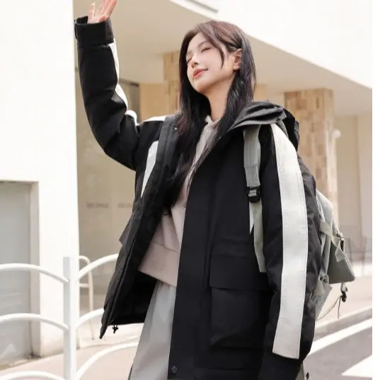 2025 Autumn and Winter New Women's Down Jacket Loose Hooded Splicing Windproof Workwear Jacket