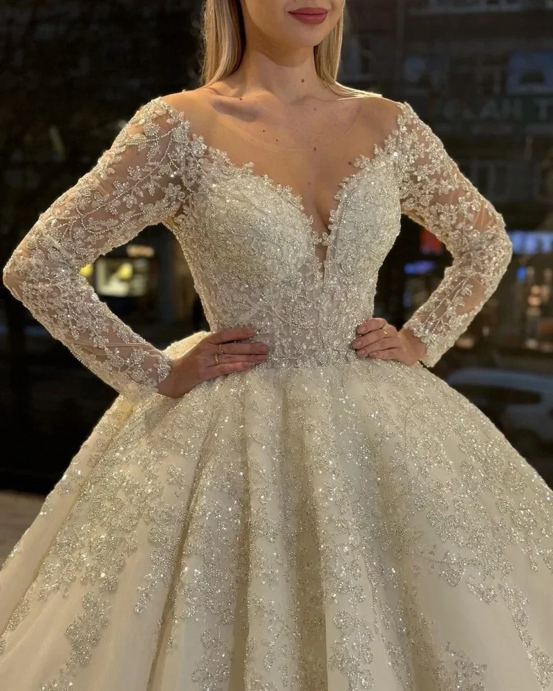 Flavinke Customized Luxury A-Line Wedding Dresses Women Sequins Appliques Bridal Gown O-Neck Long Sleeves Sweep Train Vestido