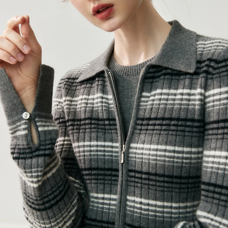 

Women's 100% Cashmere Polo-Collar Striped Cardigan Retro Classic Sweater with Zipper Casual Slim-Fit Autumn Winter Knitwear Coat