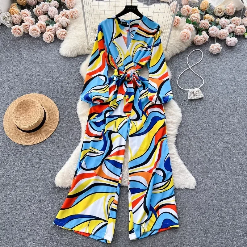 

Autumn New European and American Fashion Internet Celebrity Resort Style Jumpsuit Women's Loose Printed Waist Wide Leg Pants