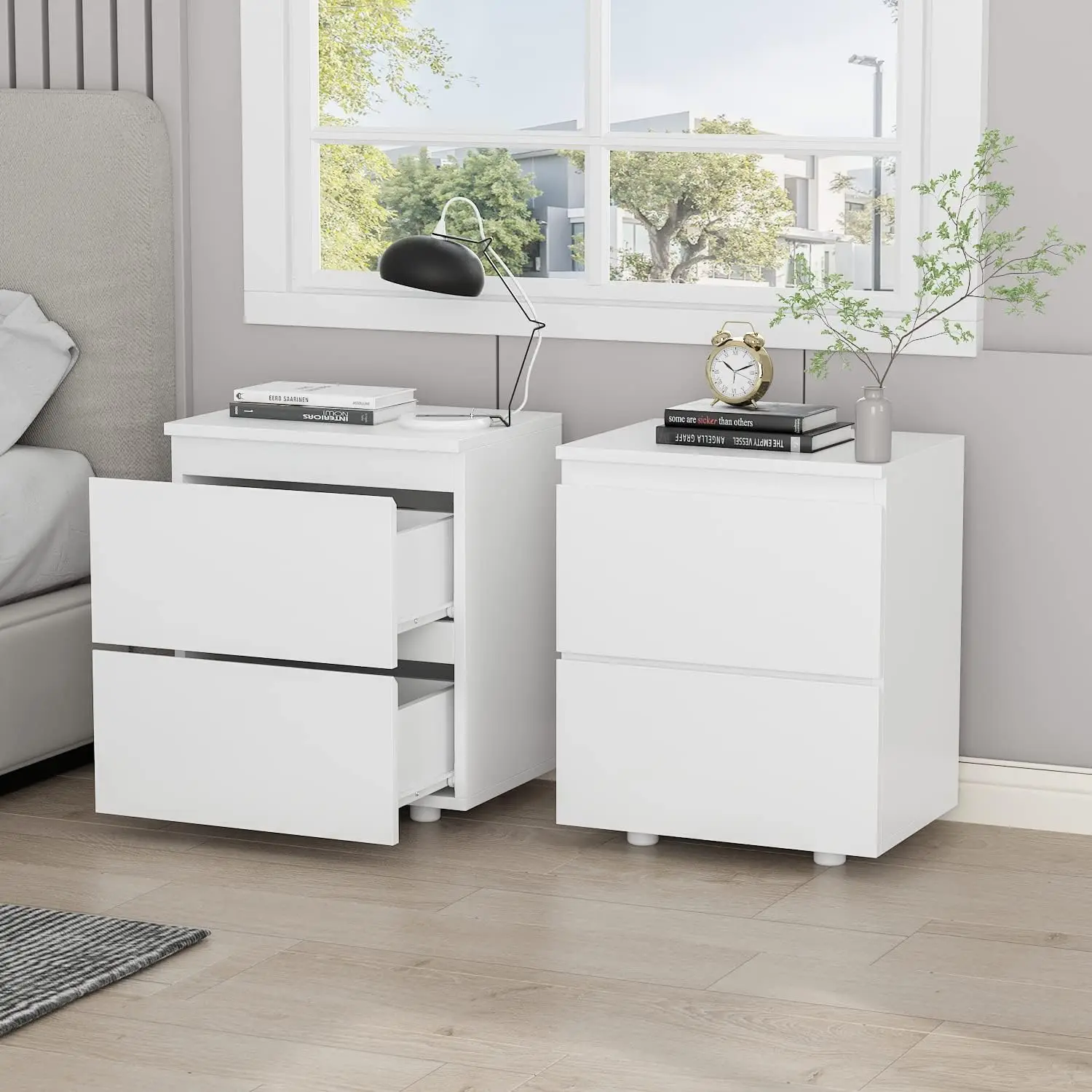 Hitow White Nightstand With 2 Drawers, Handle Free File Cabinet Bedside Table End Table, Small Place Bedroom Living Room