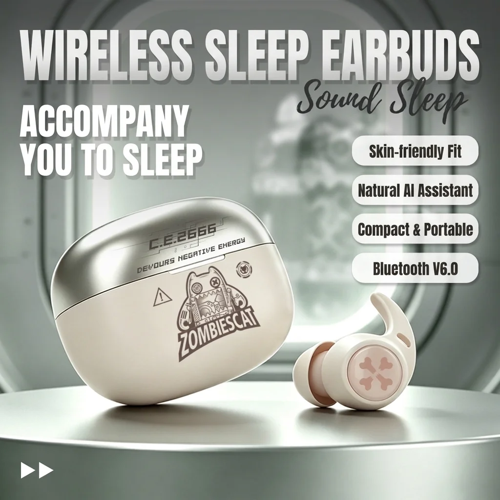 ZOMBIESCAT QCWS-B31 Sleep Earbuds Wireless Bluetooth 6.0 In-Ear TWS Earphones for Side Sleeping White Noise AI Translation Mic