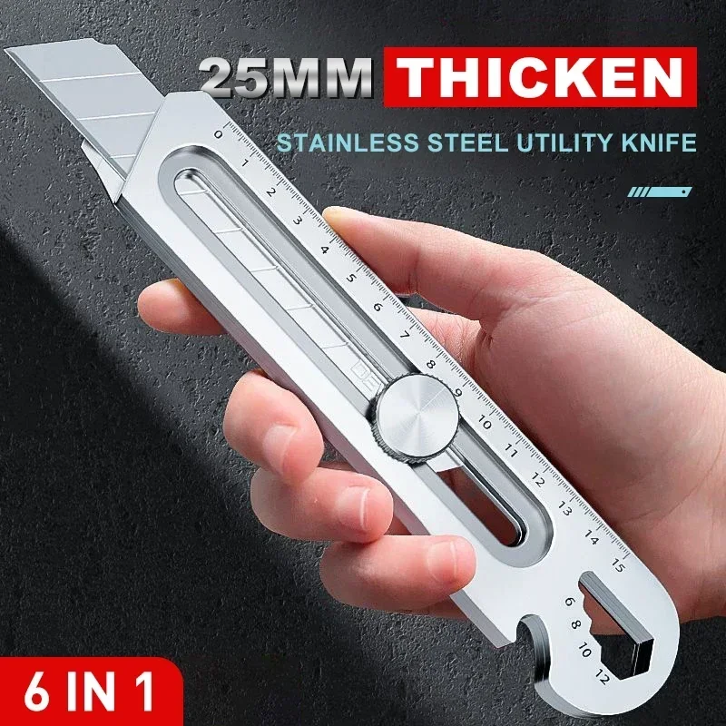 Stainless Steel Utility Knife 6 In 1 Multi-Function Opener Retractable Box Cutter Portable Office Home Courier Unboxing Knifes image 5