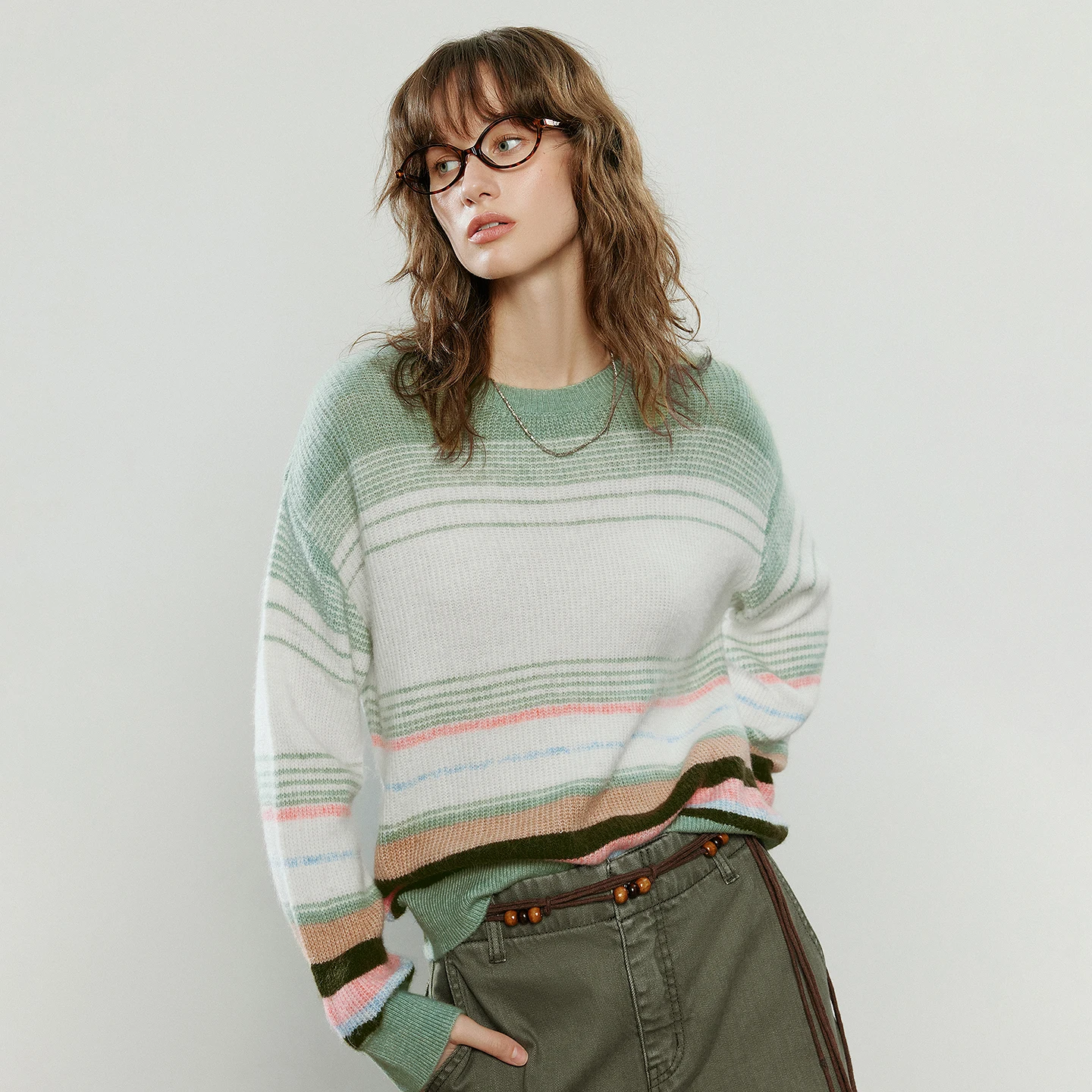 TOYOUTH Women Knitwear 2025 Winter NewAsymmetric Crew Neck Colorful Stripe Soft Knit Casual Top