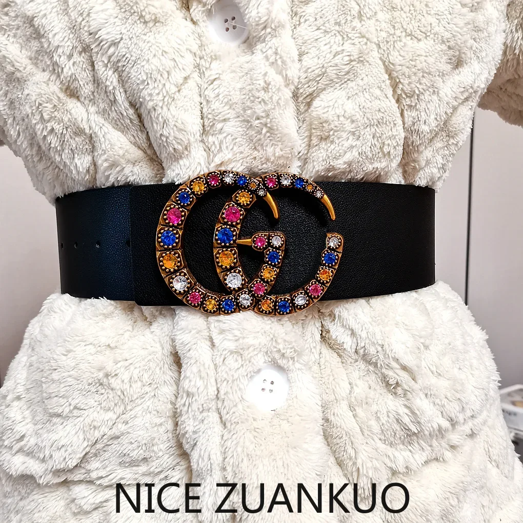Women's Genuine Leather Belt, High-end European Women's Belt, with Colorful Rhinestones in A Casual Style, Suitable for Pairing with Skirts and Jeans. Made of Durable Leather, It Is A Light Luxury Brand Belt, A Versatile Girlie Style Belt.