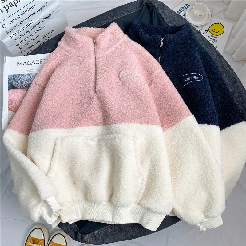 Cross-Border Half-High Collar Fleece-Lined Thickened Lamb Wool Fluffy Korean Style Sweatshirt For Women, European And American