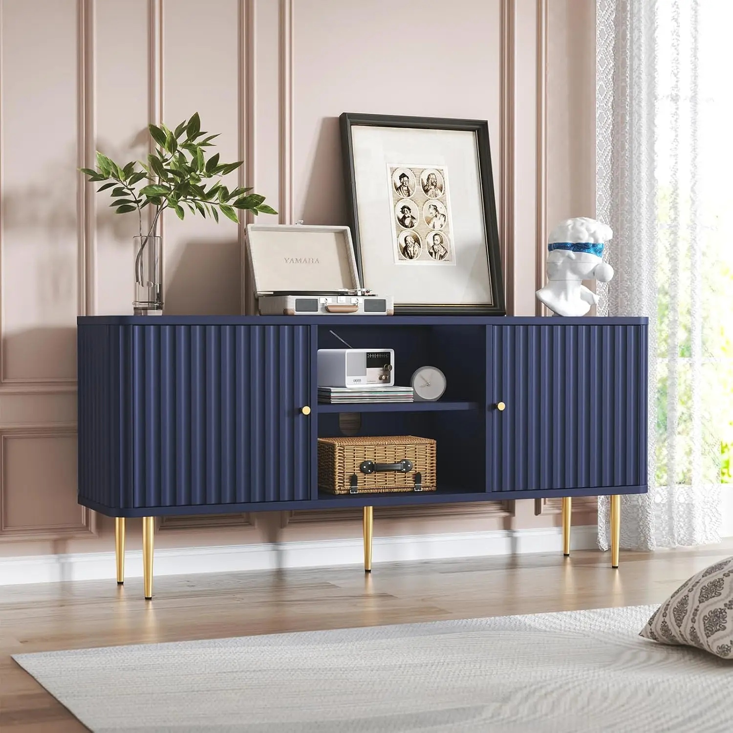 ARTPOWER 55” Fluted TV Stand, Mid Century Modern Blue TV Stand for 55/60/65 inch TV, Entertainment Center with Storage,