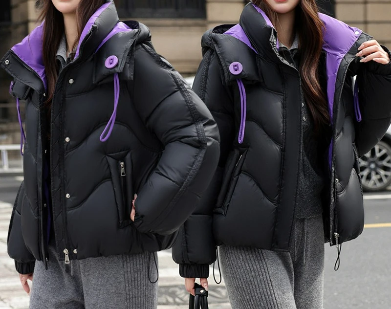 

Fashion Cotton Clothing 2025 New Style Contrasting Color Drawstring Design Thickened Bread Jacket