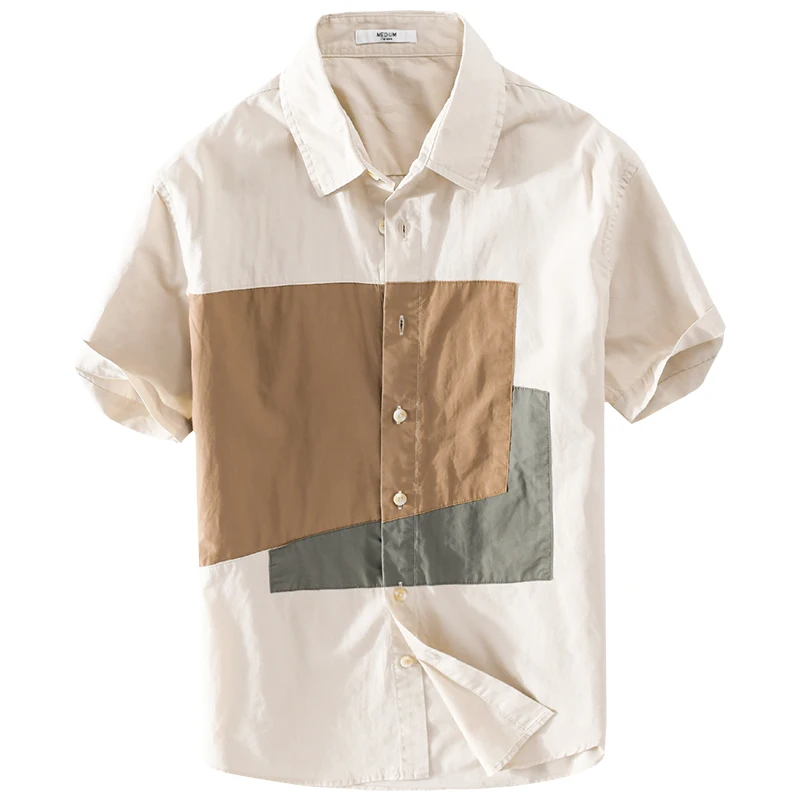 

New 100% Cotton Style short sleeve patchwork khaki shirts men casual summer fashion shirt for men chemise camisa tops mens