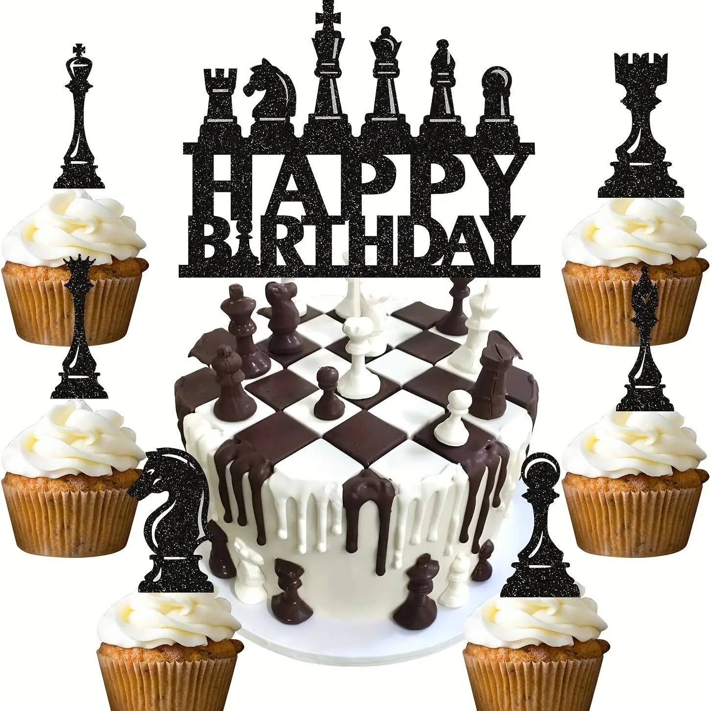 1 Juego de adornos para tarta de ajedrez, adornos para magdalenas de feliz cumpleaños, decoración para fiestas temáticas de competición deportiva, suministros para hornear, color negro