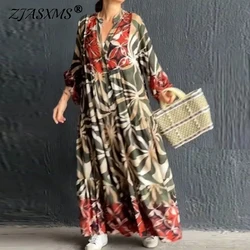 Ethnic Retro Pattern Print Long Dress Women New Spring V Neck Pleated Party Dress Casual Long Sleeve Loose Autumn Dress Vestidos