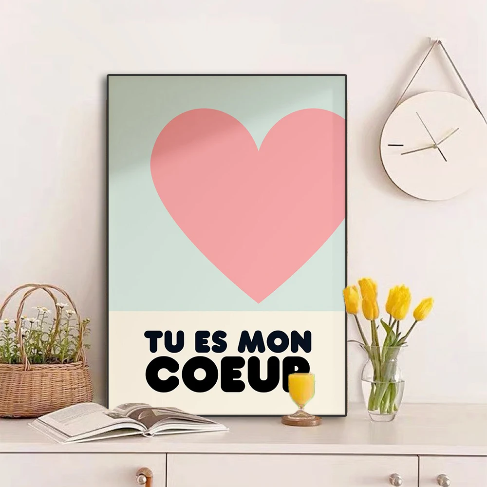 Tu Es Mon Coeur Poster Colorful Heart Pictures Mid Century Wall Art Decor Canvas Painting Couples Gifts Bedroom Home Decorative