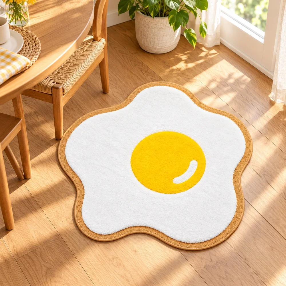 Fried Egg Shaped Flannel Floor Mat Food Novelty Rug for Kitchen Dining Room Entryway Bedroom Apartment Home Decor Gift Unique