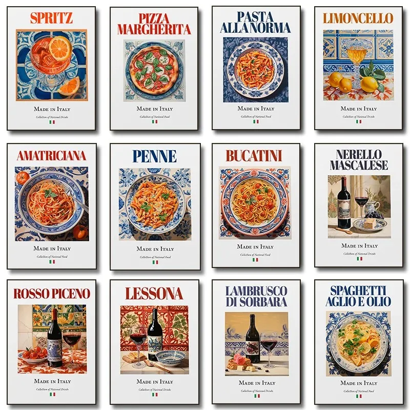 Póster clásico italiano de comida, bebida roja, vino, Pizza, espagueti, limón, lienzo artístico, pintura impresa, pared de cocina, decoración del hogar