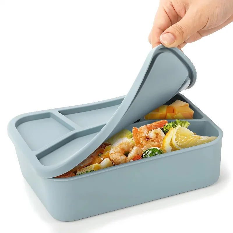 

1pc Simple Practical And Available In Multiple Colors Silicone Bento Box Four Compartments Reusable Lunch Box