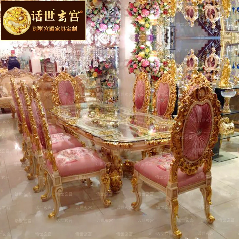 

French court dining tables and chairs European-style solid wood custom pink princess villa high-end luxury cloth princess dining