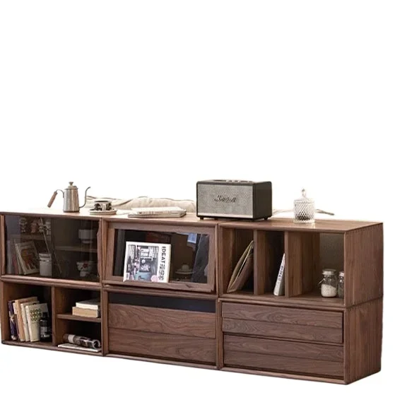Black walnut solid wood module TV cabinet free combination low cabinet floor bookcase