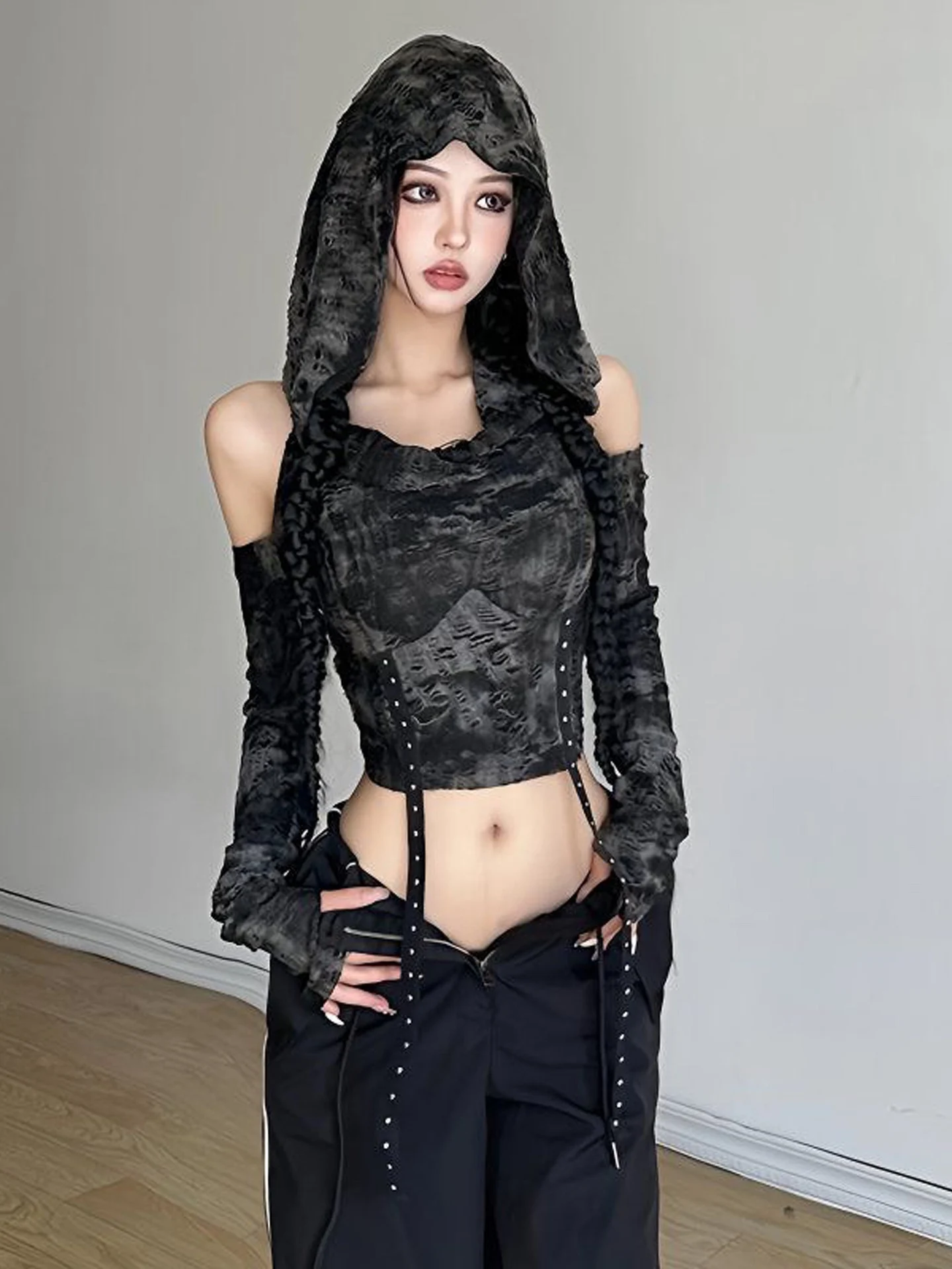 Sexy Y2K Long Sleeve Shoulder Bared Hoodie T-Shirt Women's Autumn Versatile Black Top Slimming Effect Korean Style Streetwear