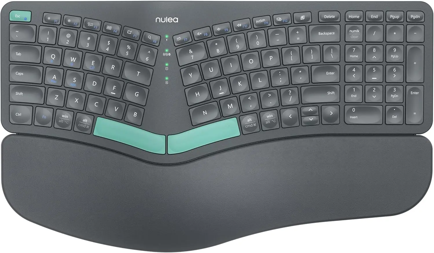 WirelErgonomic Keyboard, Split Keyboard with Cushioned Wrist Rest, USB and Bluetooth Connectivity
