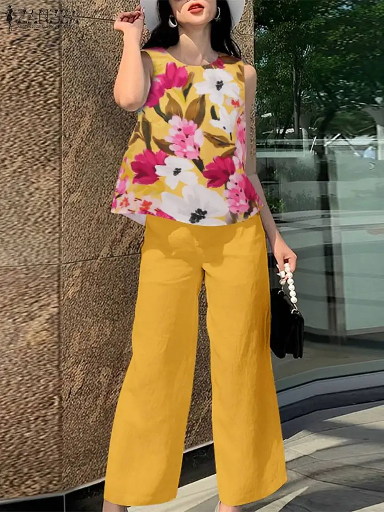 2024 ZANZEA Summer Fashion Floral Printed Matching Sets Women Sleeveless Tops Trousers Suits 2PCS Bohemian Pants Sets Outifits