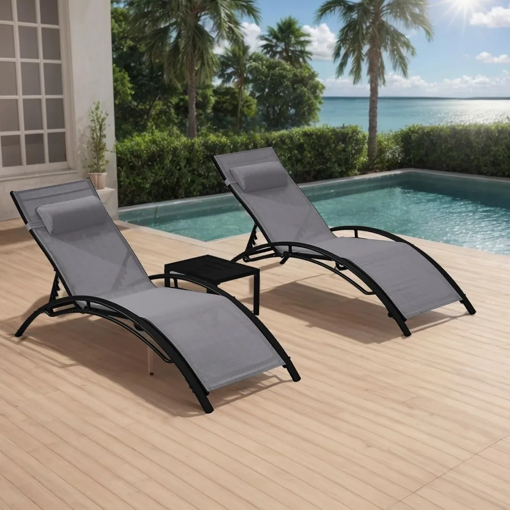 

Pool Chaise Lounge Chairs, Patio Chaise Lounge Set of 3 with Pillow, Side Table & 5-Position Adjustable Backrest,
