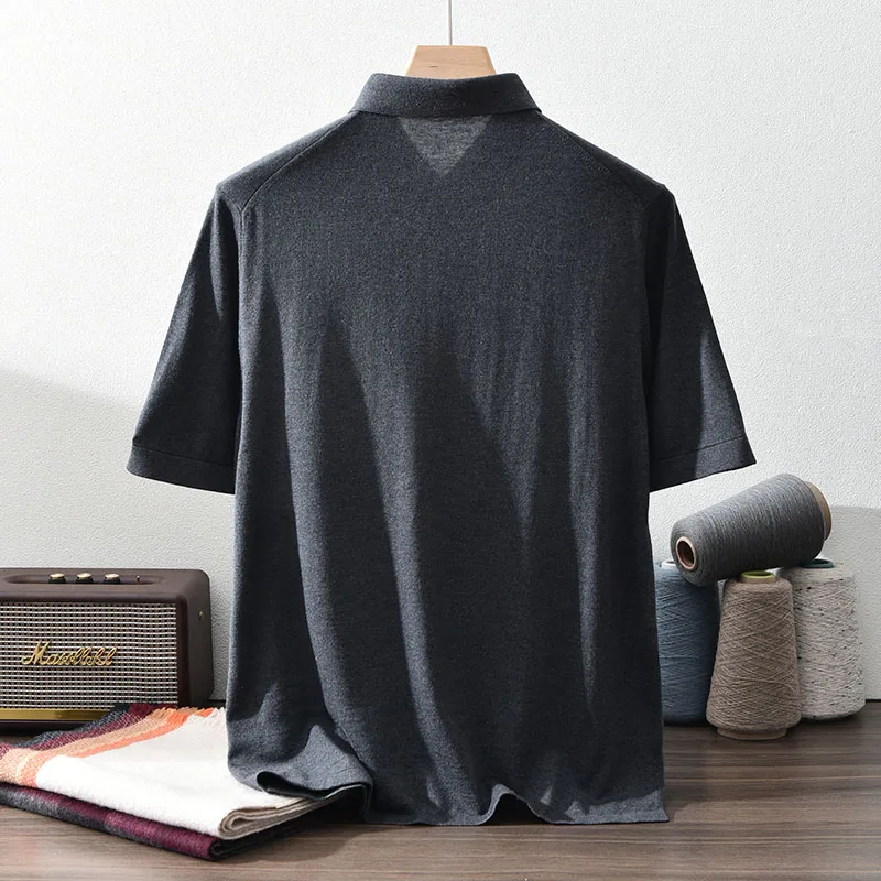 High quality 85% Silk+15% cashmere men's T-shirt casual solid color knitted pullover short sleeved POLO Neck Tees basic Tops