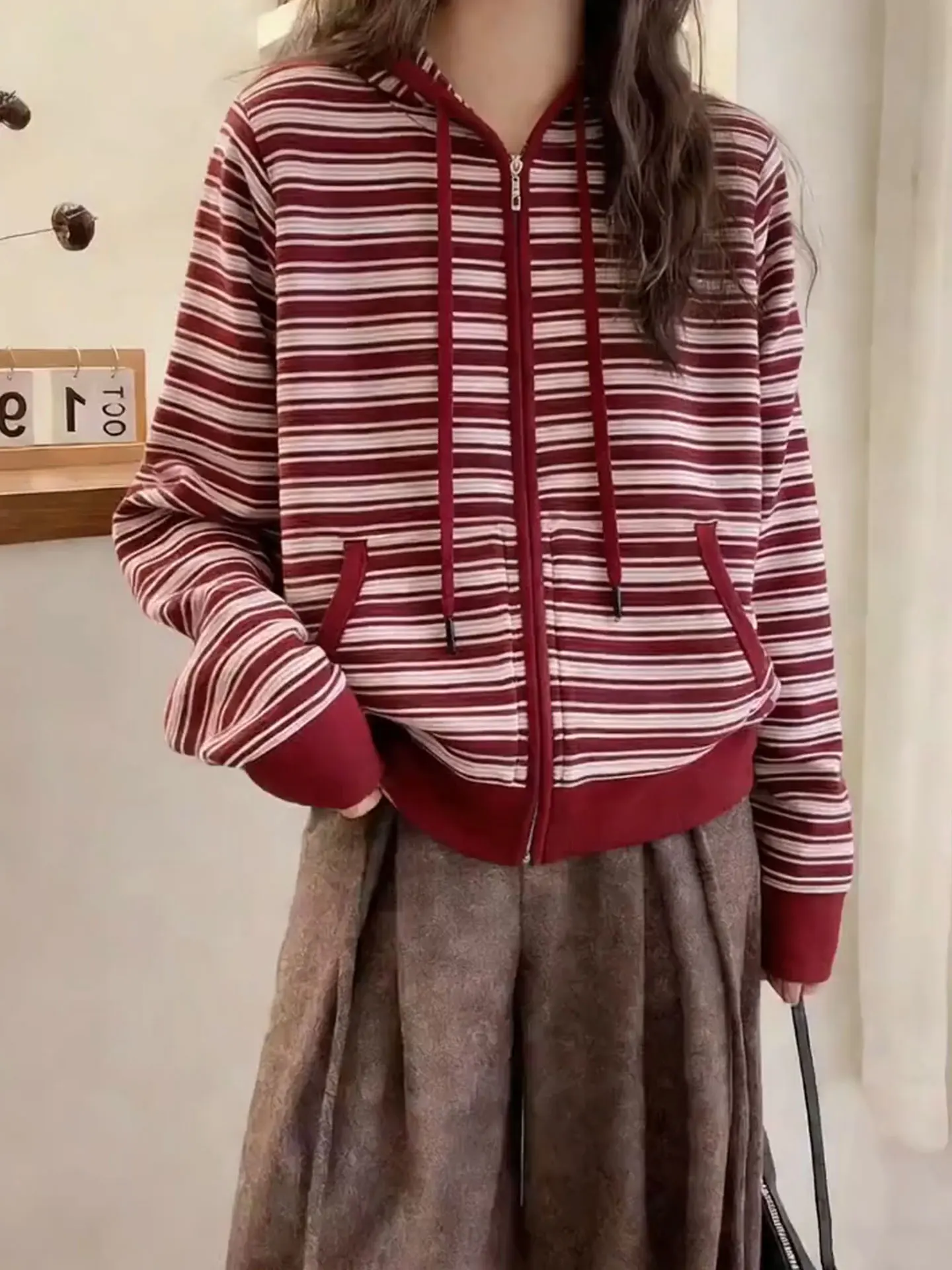 

Ele Long Sve Knitted Hat Design Striped Dstring Spring Loose Sweater Outerwear Women's Commute Faion Korean Sle