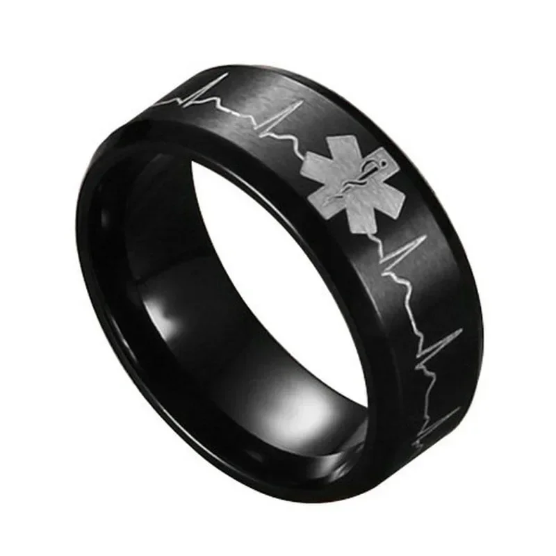 Black 8MM Medical Alert ID Rings Electrocardiogram Ring Stainless Steel Finger for Men Doctor Jewelry