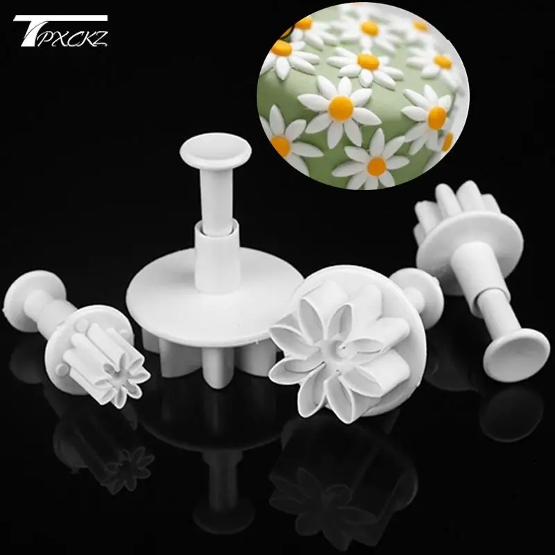 4Pcs/Set Wedding Daisy Flower Cake Plunger Fondant Cookie Cutter Mold Baking Decorating Biscuit Stamps For Kitchen Accessories