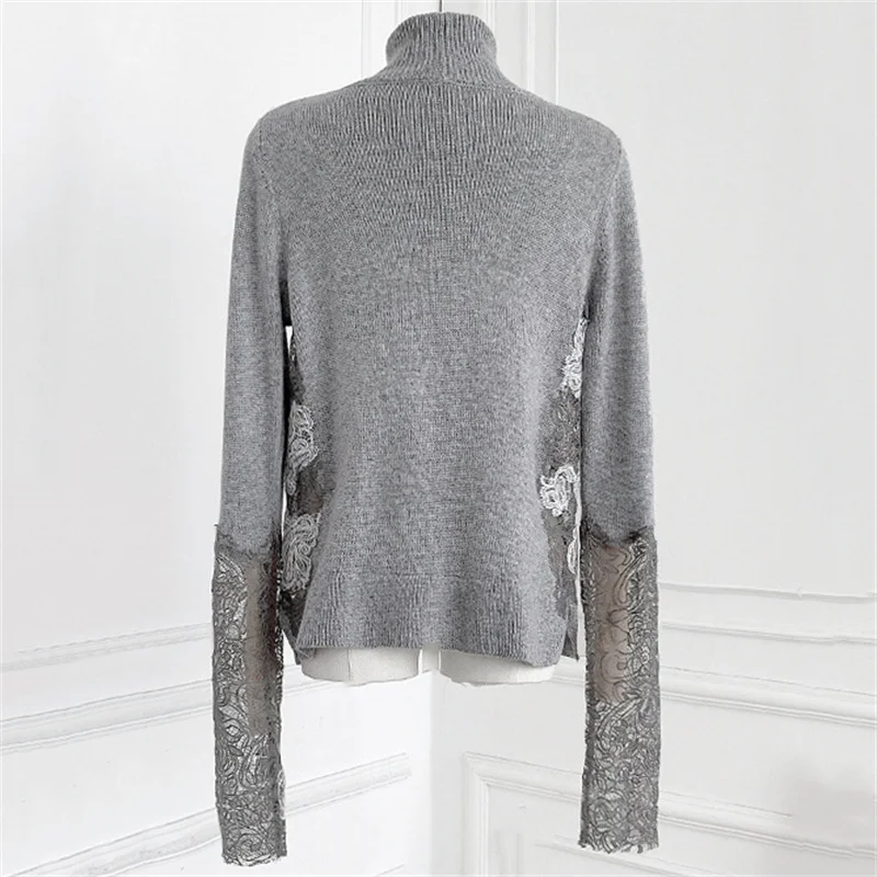 Women's sweater New elastic knitted slim long sleeved top for spring 2026 Lace patchwork high neck pullover wool blend Knitwear