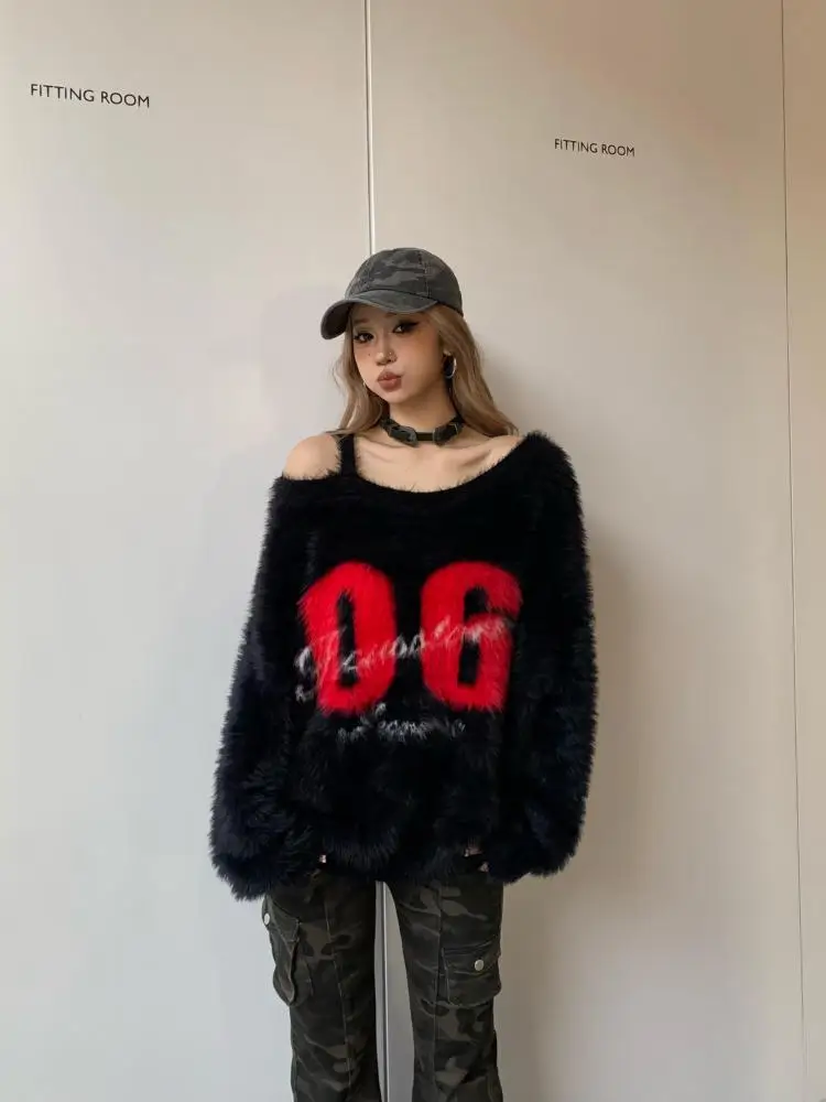 

Korean Women 2025 Black White Letter Patchwork Versatile Mink Knit Tops Autumn Winter New Loose Sloping Shoulder Sweater Popular