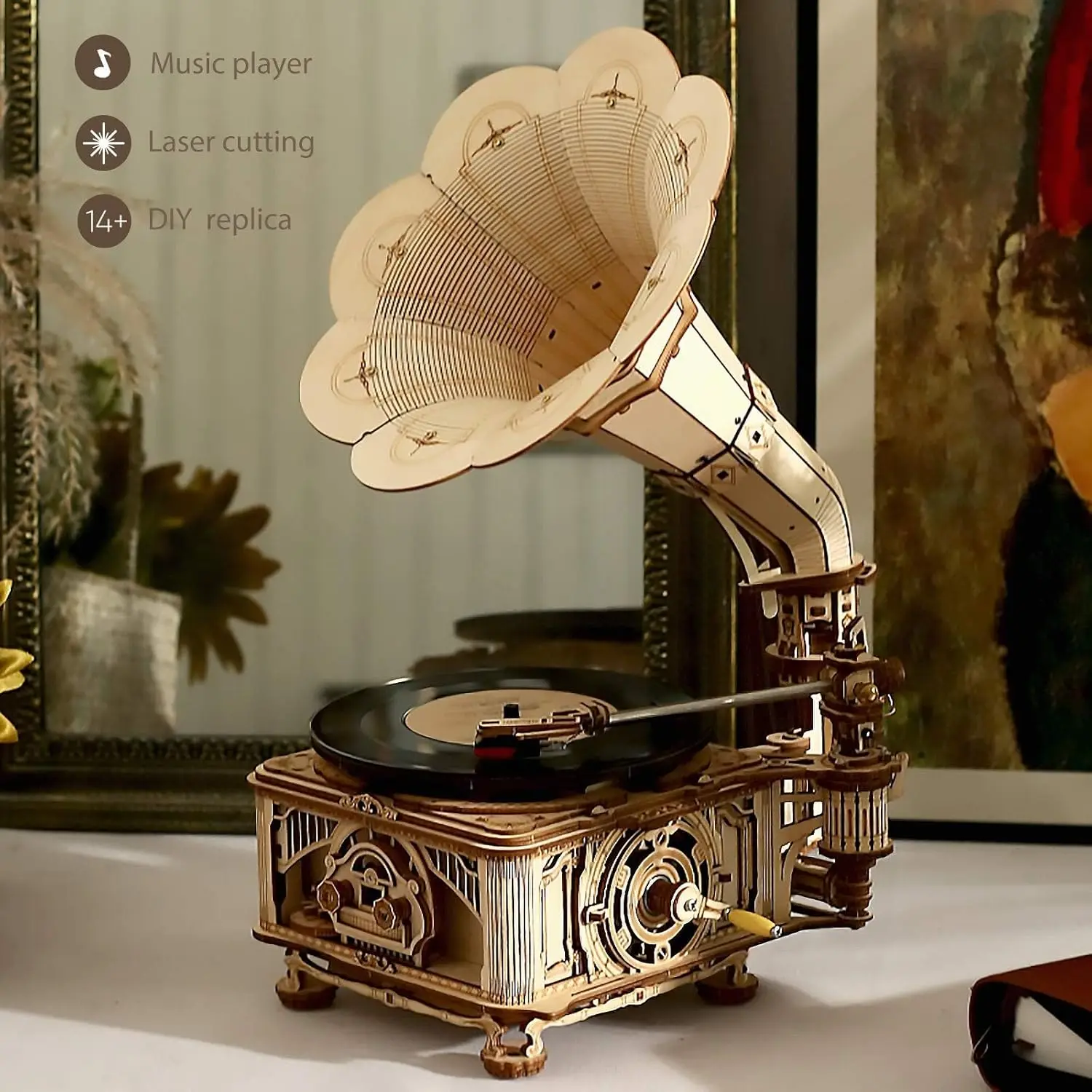 3D Wooden Puzzles Gramophone, DIY Mechanical Model Kit Record Player Support 7