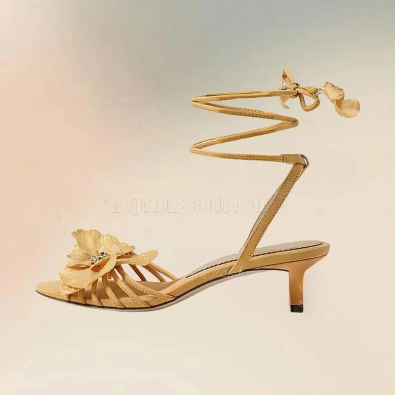 Gold Appliques Design Open Toe Twine Sandals Lace Up Women Shoes Thin High Heels Party Banquet Dating 2025 Zapatos Para Mujere