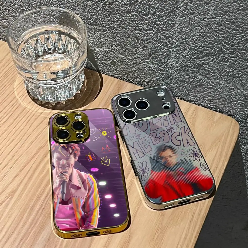 H-Harry Styles Singer Phone Case For IPhone 17 16 15 14 13 12 Pro Max Plus Electroplated Metal Bumper Case Tempered Glass Back