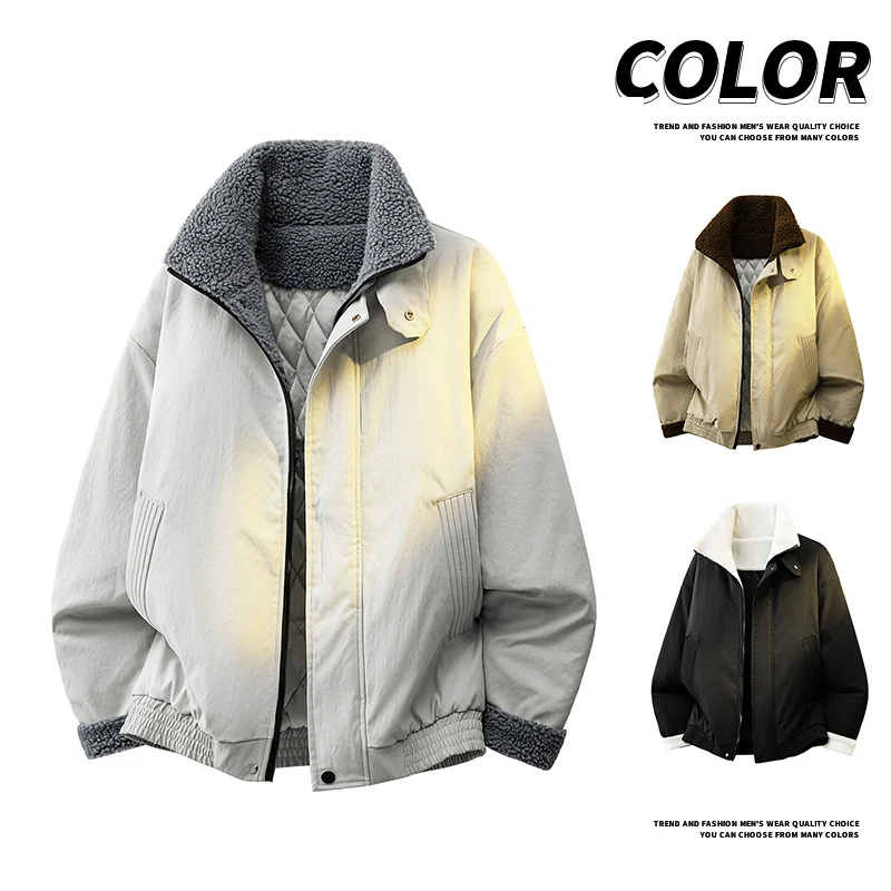 

Fashion Trend Thick Cotton Parkas Men Windproof and Cold Proof Lamb Wool Parka Men Trend Thick Stand Collar Cotton Jacket Coat