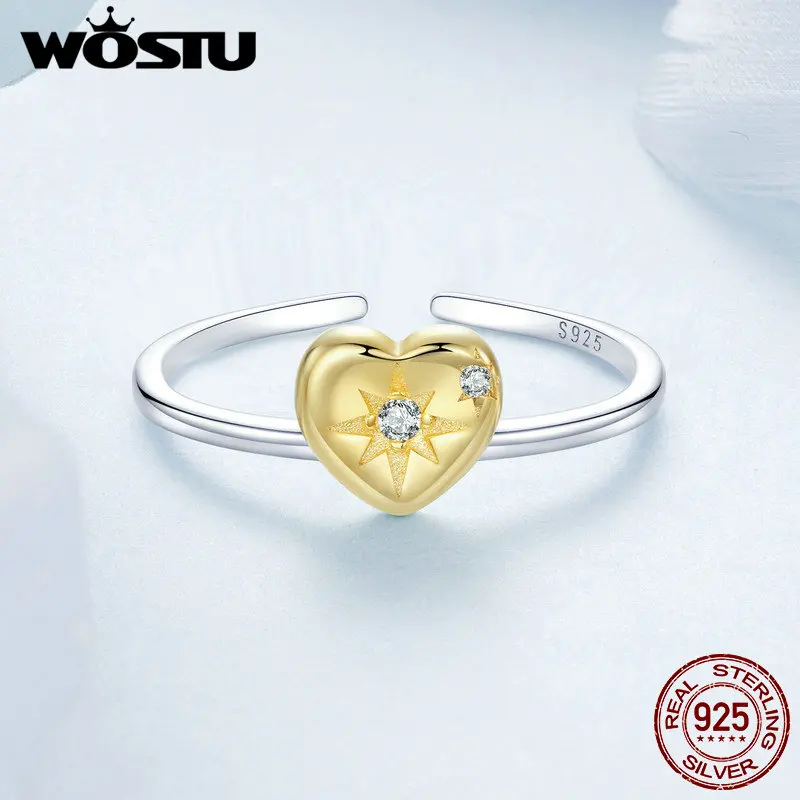 WOSTU Original 925 Sterling Silver Heart Joint Ring 18K Gold Plated Finger Ring For Women Lover Ring Fine Jewelry Dating Gift